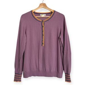 Boden Purple Striped Cuff Wool Blend Pullover Henley Sweater Women's UK16 US12
